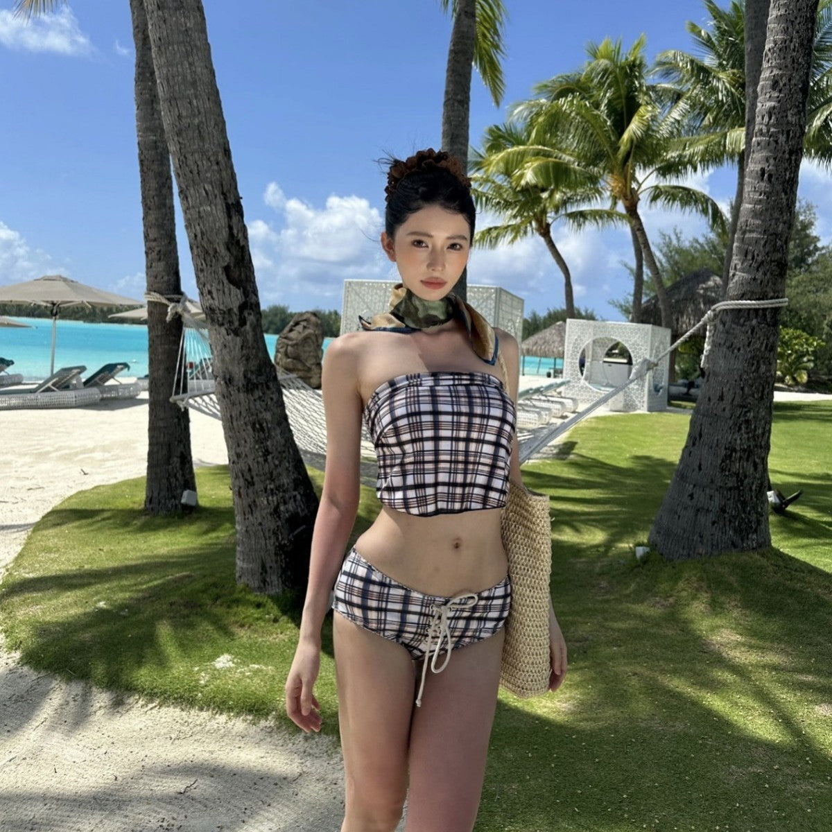 Wholesale Retro plaid two-piece hot spring swimsuit